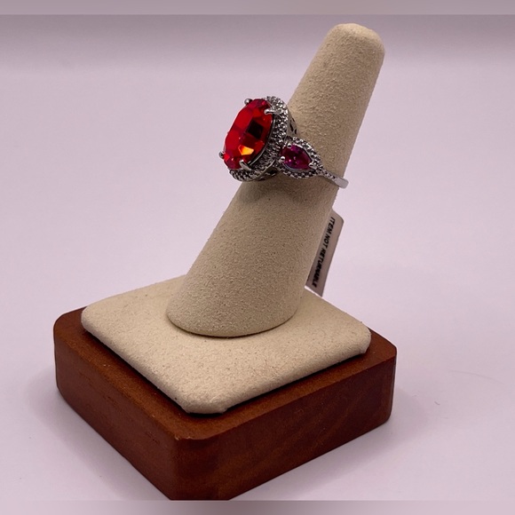 Simulated Ruby Rhinestone Ring - Silver Toned Victorian Setting Stainless Steel - Picture 14 of 15